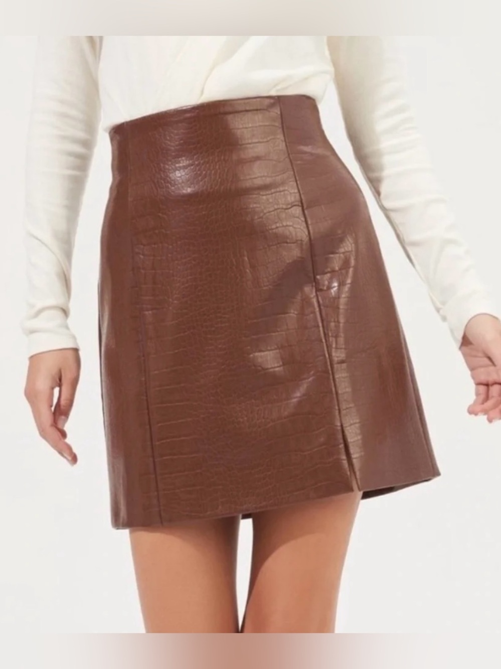 ASTR Audrey Faux Leather Croc Skirt in Brown